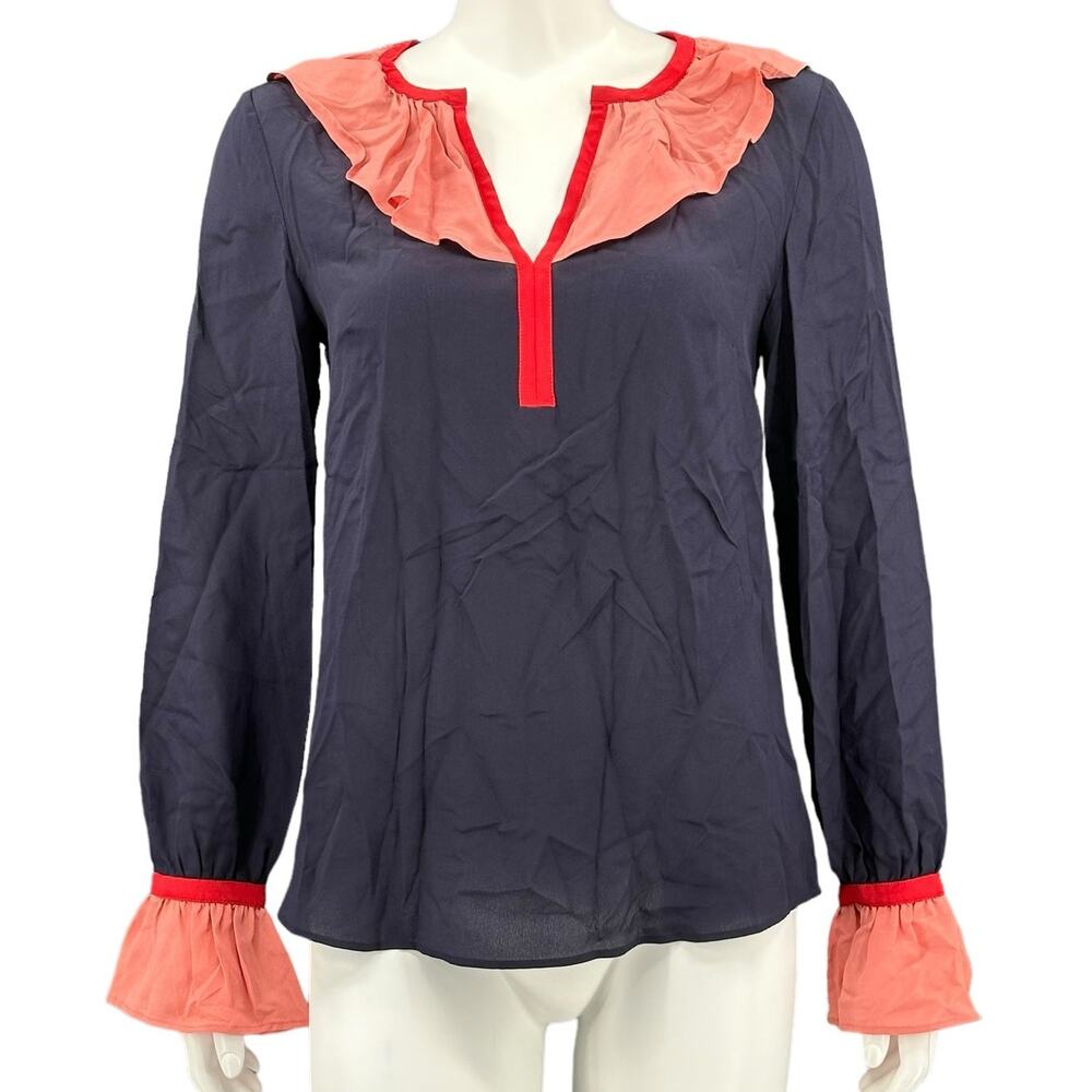Boden Top Womens 4 Navy Pink Constance Ruffle Sheer Silk V-Neck Edwardian Preppy